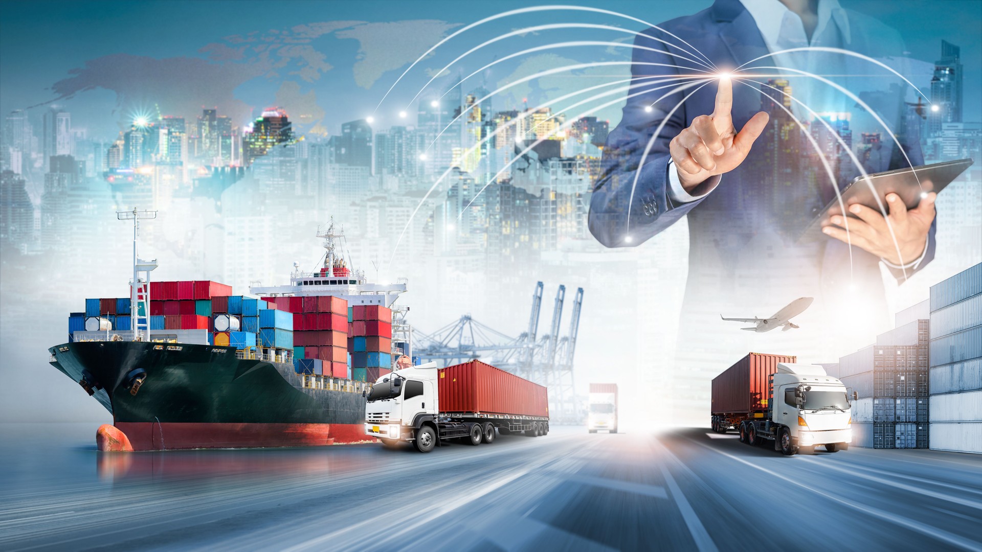 Businessman touching virtual screen world map of Global logistics network distribution, Container cargo freight ship at industrial port for logistics Import export background, Smart technology concept